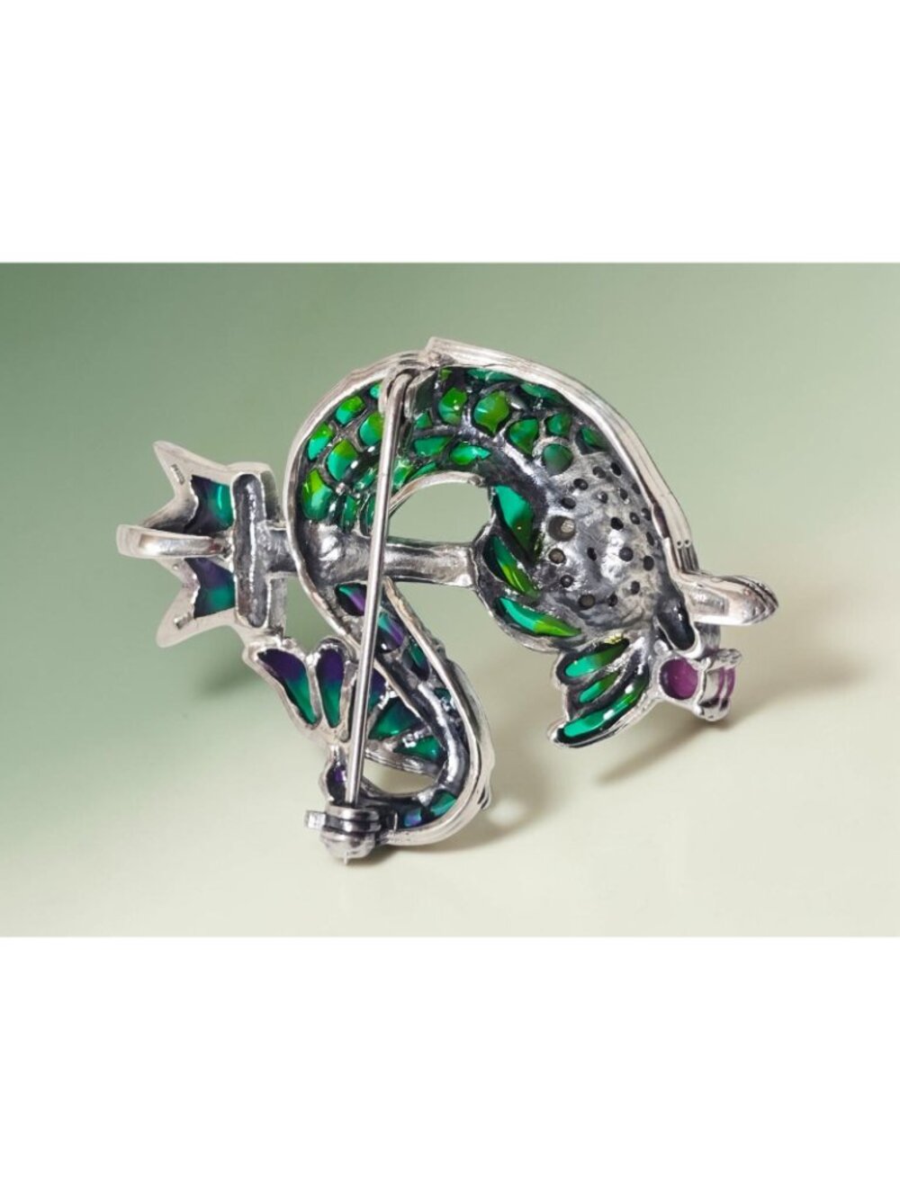 925 Brooch Pendant Plique-à-Jour Enamel DRAGON Marcasite and Ruby Eyes - Picture 7 of 8